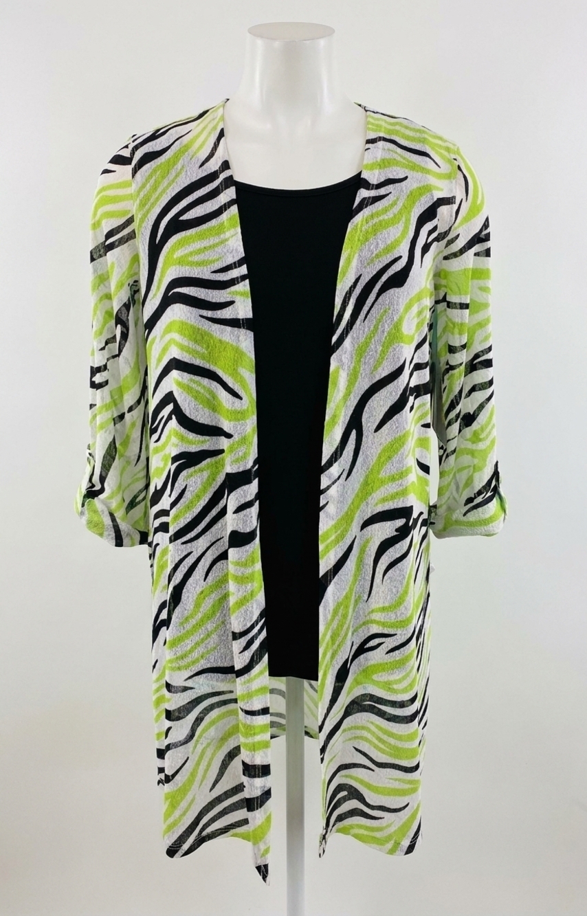 NEW MULTIPLES women's zebra mesh open cardigan in lime/black/white